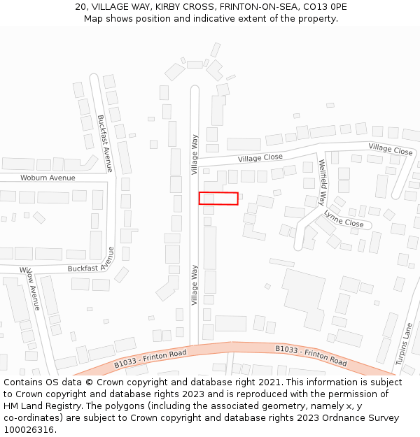 20, VILLAGE WAY, KIRBY CROSS, FRINTON-ON-SEA, CO13 0PE: Location map and indicative extent of plot