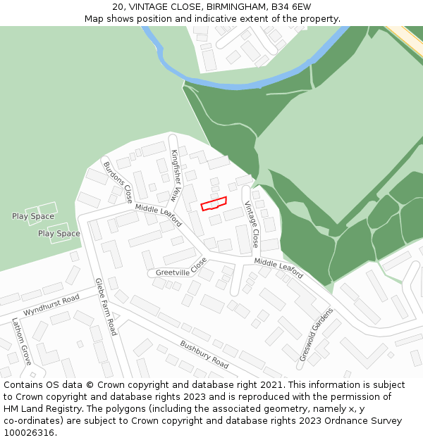 20, VINTAGE CLOSE, BIRMINGHAM, B34 6EW: Location map and indicative extent of plot