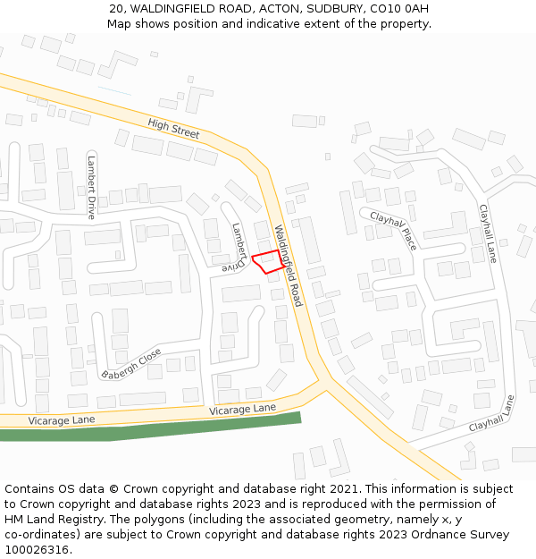 20, WALDINGFIELD ROAD, ACTON, SUDBURY, CO10 0AH: Location map and indicative extent of plot