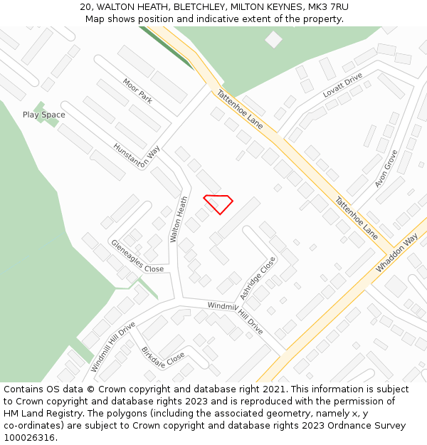 20, WALTON HEATH, BLETCHLEY, MILTON KEYNES, MK3 7RU: Location map and indicative extent of plot