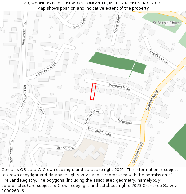 20, WARNERS ROAD, NEWTON LONGVILLE, MILTON KEYNES, MK17 0BL: Location map and indicative extent of plot