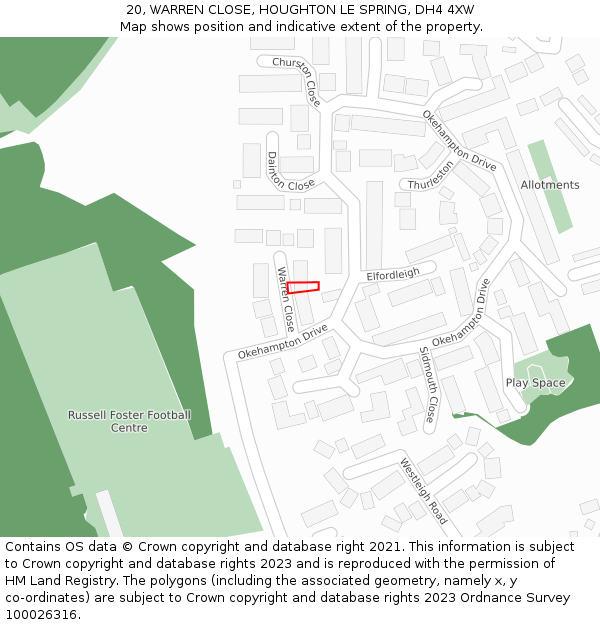 20, WARREN CLOSE, HOUGHTON LE SPRING, DH4 4XW: Location map and indicative extent of plot