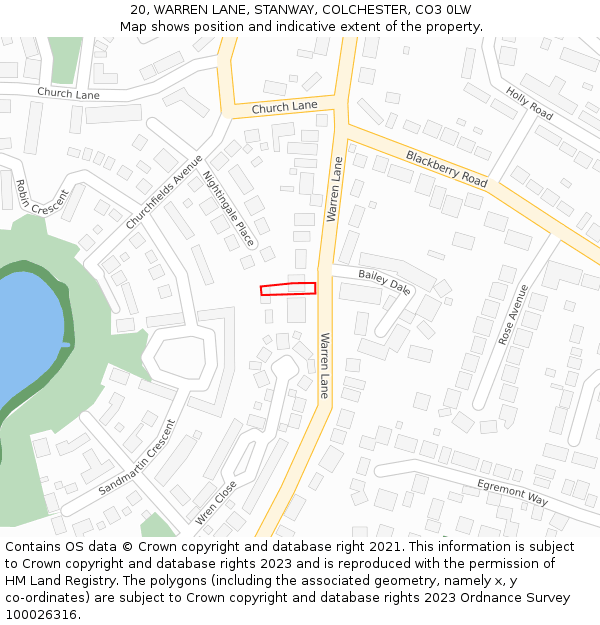 20, WARREN LANE, STANWAY, COLCHESTER, CO3 0LW: Location map and indicative extent of plot