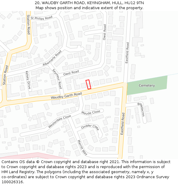 20, WAUDBY GARTH ROAD, KEYINGHAM, HULL, HU12 9TN: Location map and indicative extent of plot