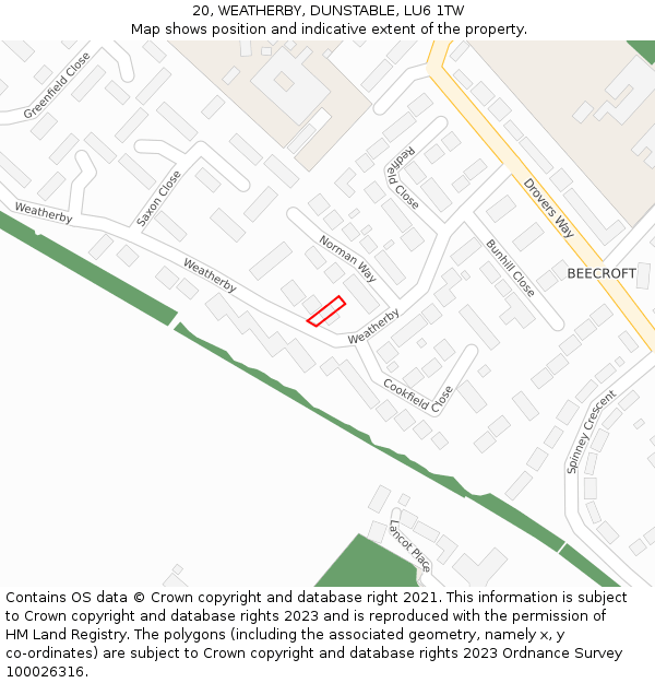 20, WEATHERBY, DUNSTABLE, LU6 1TW: Location map and indicative extent of plot