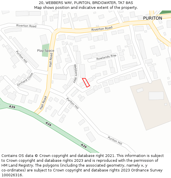 20, WEBBERS WAY, PURITON, BRIDGWATER, TA7 8AS: Location map and indicative extent of plot