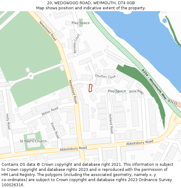 20, WEDGWOOD ROAD, WEYMOUTH, DT4 0GB: Location map and indicative extent of plot