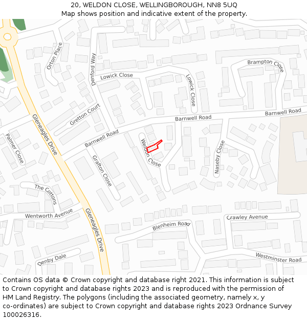 20, WELDON CLOSE, WELLINGBOROUGH, NN8 5UQ: Location map and indicative extent of plot