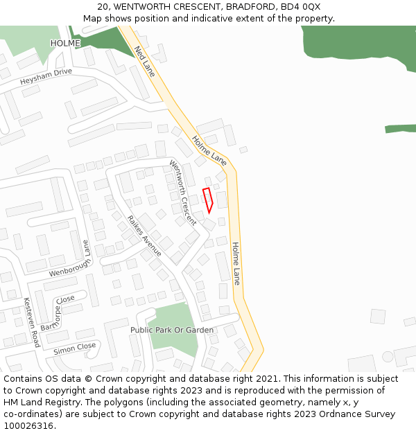 20, WENTWORTH CRESCENT, BRADFORD, BD4 0QX: Location map and indicative extent of plot