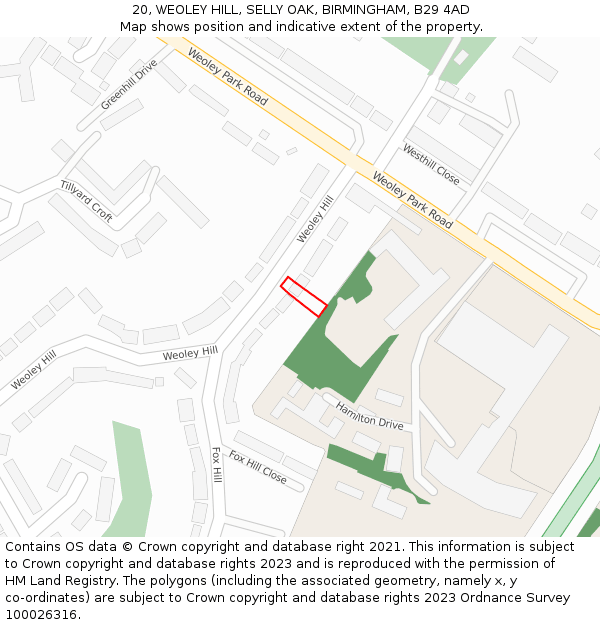 20, WEOLEY HILL, SELLY OAK, BIRMINGHAM, B29 4AD: Location map and indicative extent of plot