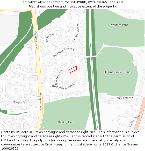 20, WEST VIEW CRESCENT, GOLDTHORPE, ROTHERHAM, S63 9BB: Location map and indicative extent of plot