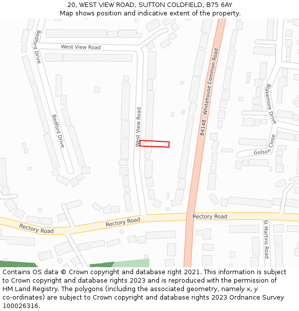 20, WEST VIEW ROAD, SUTTON COLDFIELD, B75 6AY: Location map and indicative extent of plot