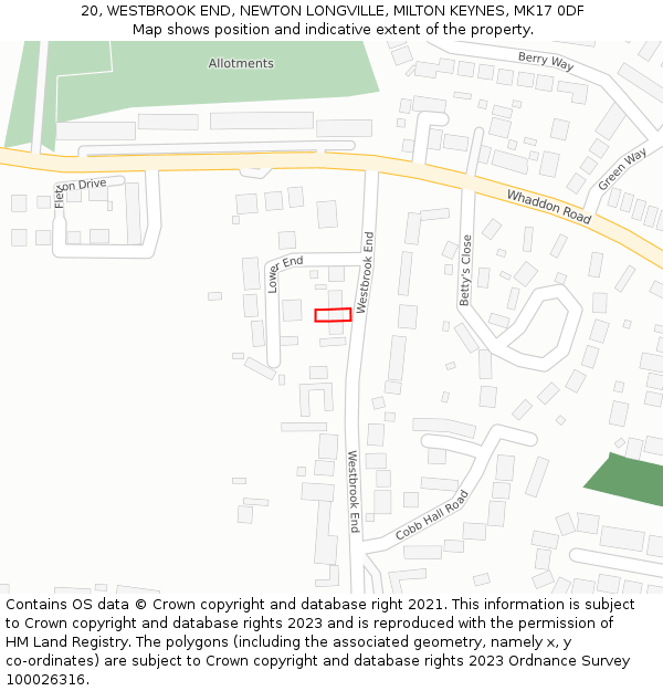 20, WESTBROOK END, NEWTON LONGVILLE, MILTON KEYNES, MK17 0DF: Location map and indicative extent of plot