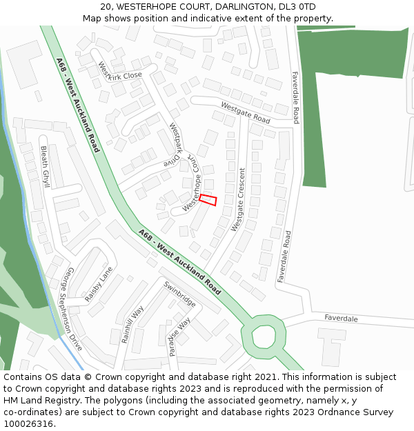 20, WESTERHOPE COURT, DARLINGTON, DL3 0TD: Location map and indicative extent of plot