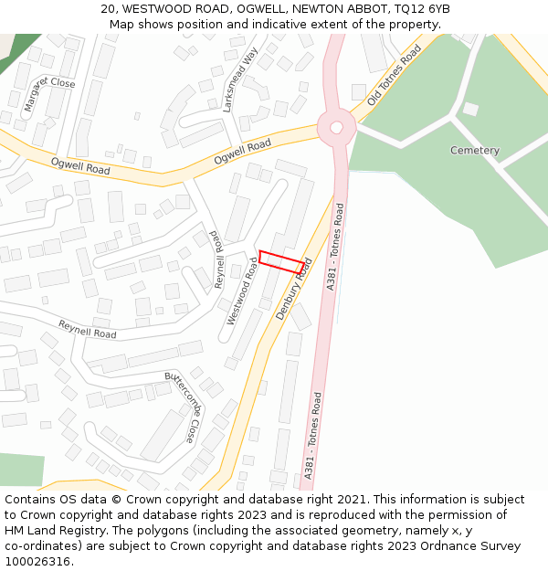 20, WESTWOOD ROAD, OGWELL, NEWTON ABBOT, TQ12 6YB: Location map and indicative extent of plot