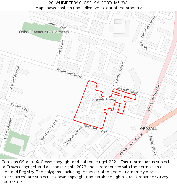 20, WHIMBERRY CLOSE, SALFORD, M5 3WL: Location map and indicative extent of plot