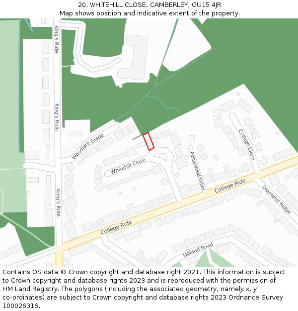 20, WHITEHILL CLOSE, CAMBERLEY, GU15 4JR: Location map and indicative extent of plot
