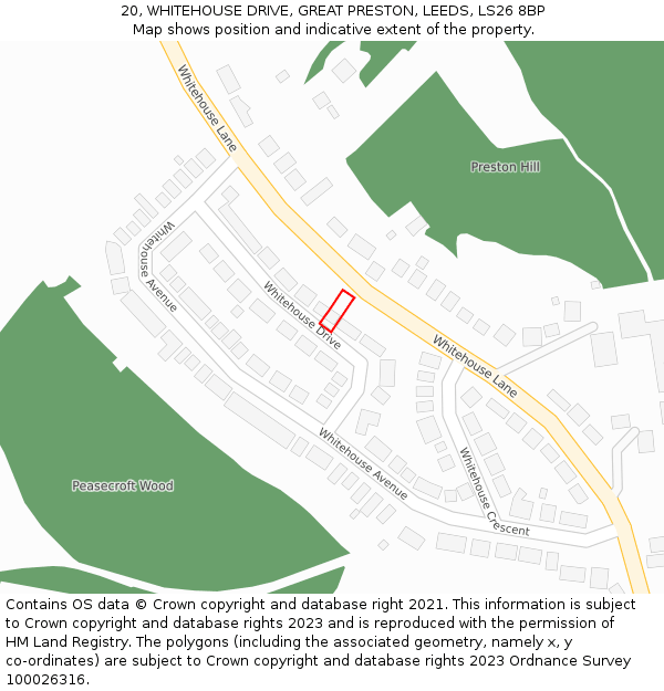 20, WHITEHOUSE DRIVE, GREAT PRESTON, LEEDS, LS26 8BP: Location map and indicative extent of plot