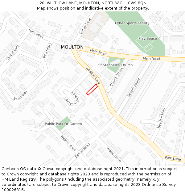 20, WHITLOW LANE, MOULTON, NORTHWICH, CW9 8QN: Location map and indicative extent of plot