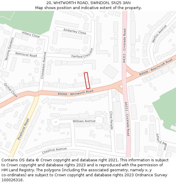 20, WHITWORTH ROAD, SWINDON, SN25 3AN: Location map and indicative extent of plot