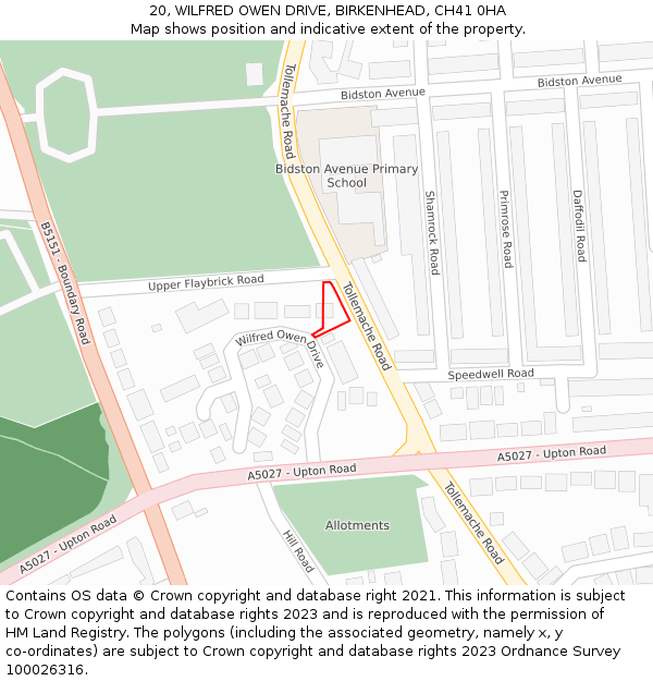 20, WILFRED OWEN DRIVE, BIRKENHEAD, CH41 0HA: Location map and indicative extent of plot