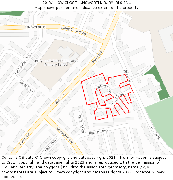 20, WILLOW CLOSE, UNSWORTH, BURY, BL9 8NU: Location map and indicative extent of plot