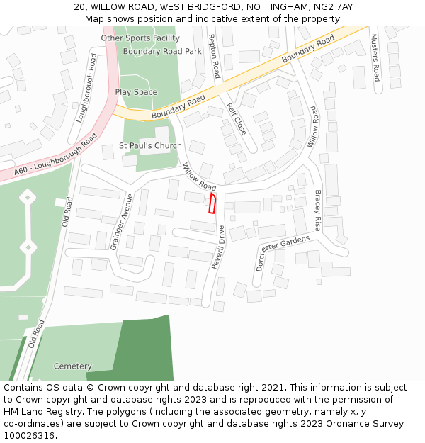 20, WILLOW ROAD, WEST BRIDGFORD, NOTTINGHAM, NG2 7AY: Location map and indicative extent of plot