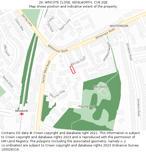 20, WINCOTE CLOSE, KENILWORTH, CV8 2QE: Location map and indicative extent of plot