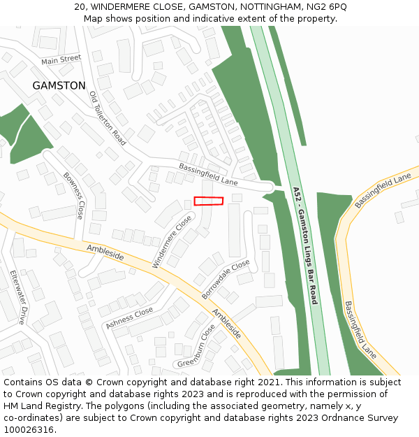 20, WINDERMERE CLOSE, GAMSTON, NOTTINGHAM, NG2 6PQ: Location map and indicative extent of plot