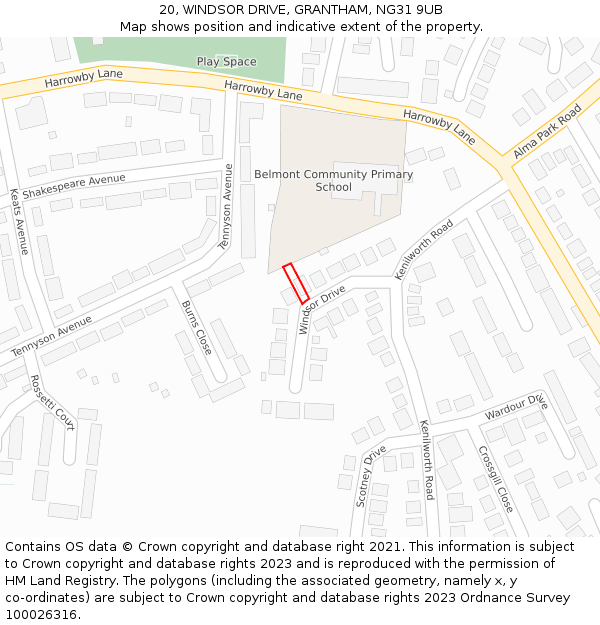 20, WINDSOR DRIVE, GRANTHAM, NG31 9UB: Location map and indicative extent of plot