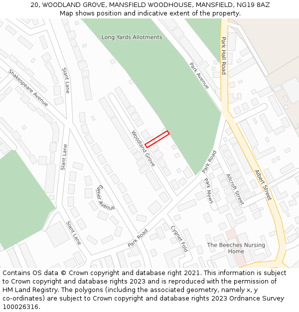 20, WOODLAND GROVE, MANSFIELD WOODHOUSE, MANSFIELD, NG19 8AZ: Location map and indicative extent of plot