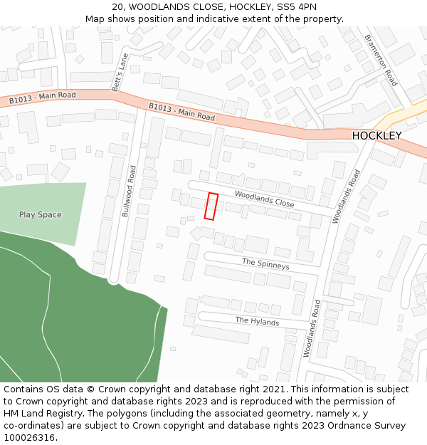 20, WOODLANDS CLOSE, HOCKLEY, SS5 4PN: Location map and indicative extent of plot