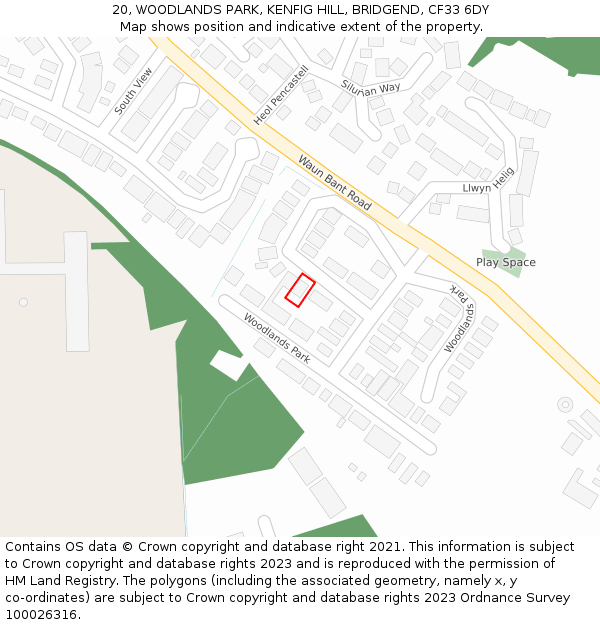 20, WOODLANDS PARK, KENFIG HILL, BRIDGEND, CF33 6DY: Location map and indicative extent of plot