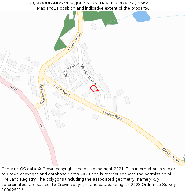 20, WOODLANDS VIEW, JOHNSTON, HAVERFORDWEST, SA62 3HF: Location map and indicative extent of plot