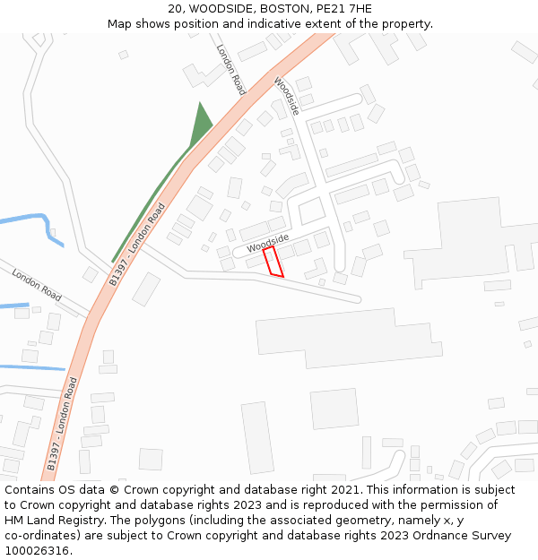 20, WOODSIDE, BOSTON, PE21 7HE: Location map and indicative extent of plot