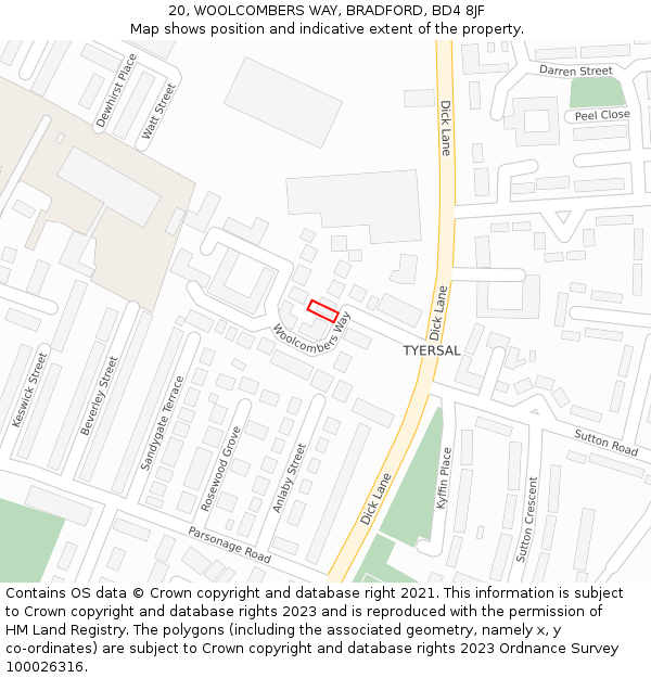 20, WOOLCOMBERS WAY, BRADFORD, BD4 8JF: Location map and indicative extent of plot