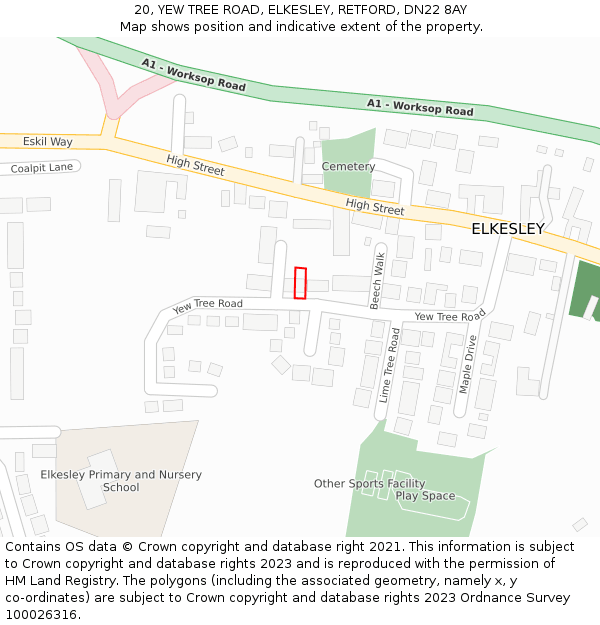 20, YEW TREE ROAD, ELKESLEY, RETFORD, DN22 8AY: Location map and indicative extent of plot