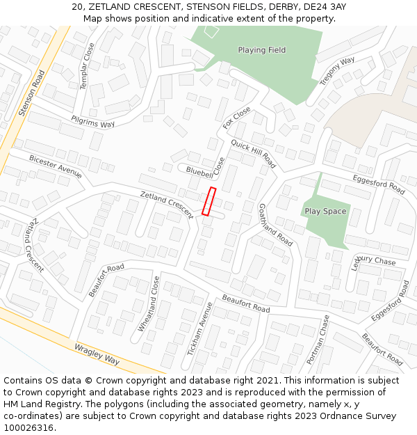 20, ZETLAND CRESCENT, STENSON FIELDS, DERBY, DE24 3AY: Location map and indicative extent of plot