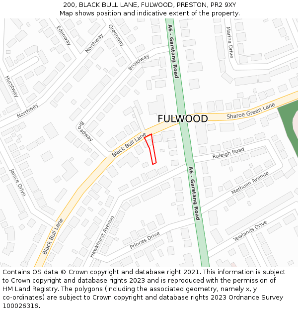 200, BLACK BULL LANE, FULWOOD, PRESTON, PR2 9XY: Location map and indicative extent of plot