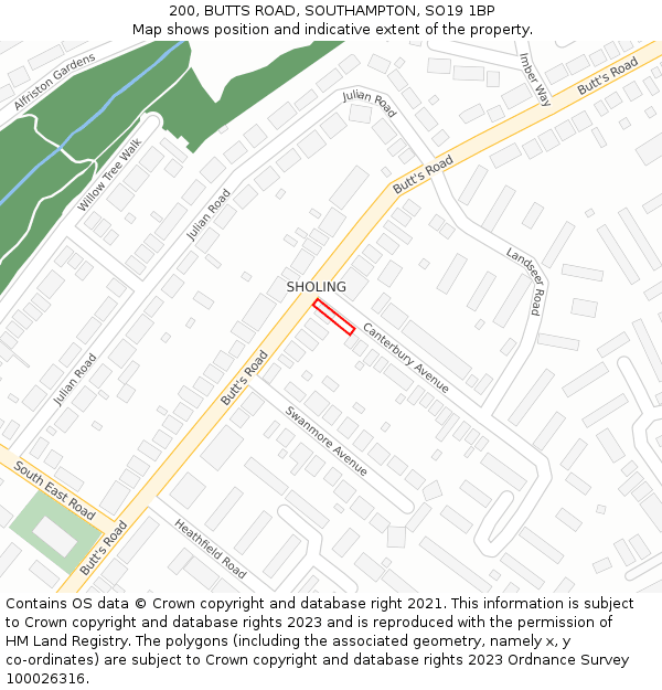 200, BUTTS ROAD, SOUTHAMPTON, SO19 1BP: Location map and indicative extent of plot