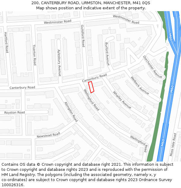 200, CANTERBURY ROAD, URMSTON, MANCHESTER, M41 0QS: Location map and indicative extent of plot