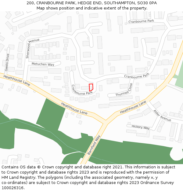 200, CRANBOURNE PARK, HEDGE END, SOUTHAMPTON, SO30 0PA: Location map and indicative extent of plot