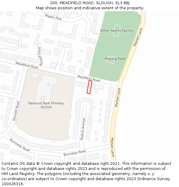 200, MEADFIELD ROAD, SLOUGH, SL3 8BJ: Location map and indicative extent of plot