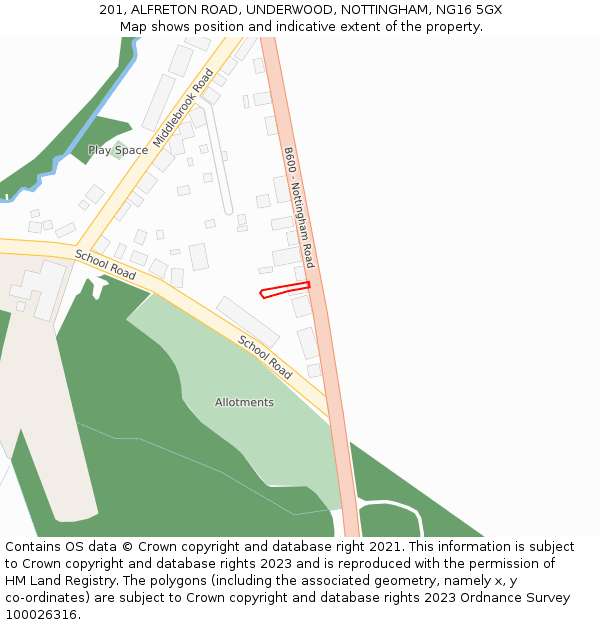 201, ALFRETON ROAD, UNDERWOOD, NOTTINGHAM, NG16 5GX: Location map and indicative extent of plot