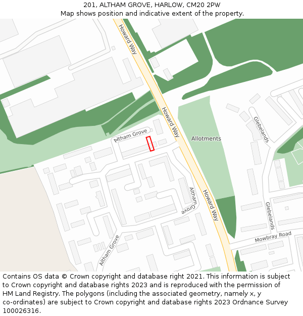 201, ALTHAM GROVE, HARLOW, CM20 2PW: Location map and indicative extent of plot