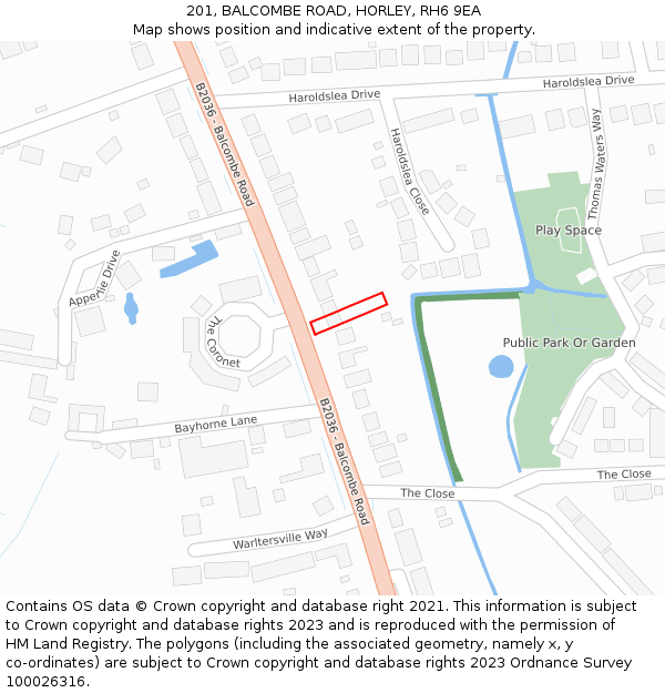 201, BALCOMBE ROAD, HORLEY, RH6 9EA: Location map and indicative extent of plot