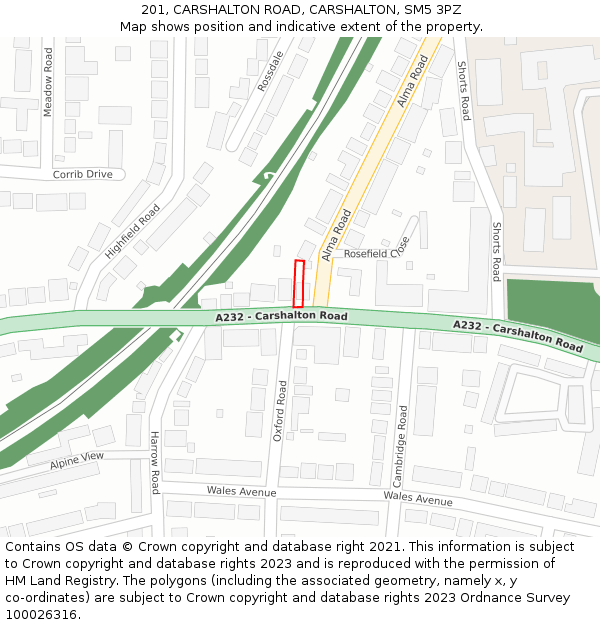 201, CARSHALTON ROAD, CARSHALTON, SM5 3PZ: Location map and indicative extent of plot