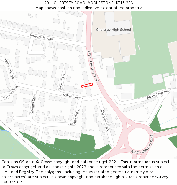 201, CHERTSEY ROAD, ADDLESTONE, KT15 2EN: Location map and indicative extent of plot