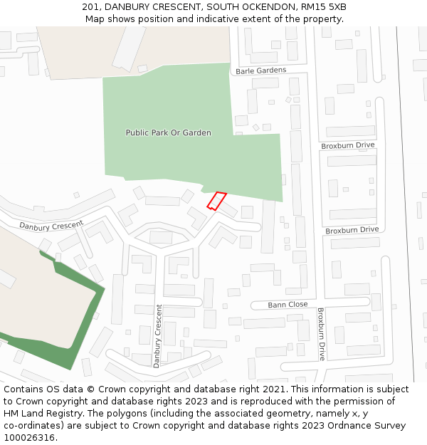 201, DANBURY CRESCENT, SOUTH OCKENDON, RM15 5XB: Location map and indicative extent of plot