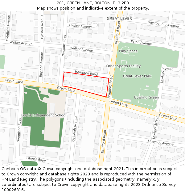 201, GREEN LANE, BOLTON, BL3 2ER: Location map and indicative extent of plot